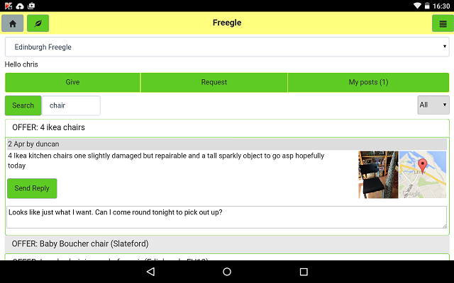 Screenshot of the Freegle app on Nexus Android