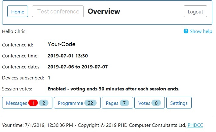 Screenshot of the conference event app organiser console