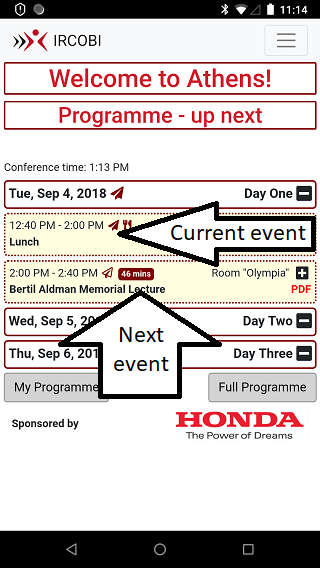 The home page updates automatically to show the current and next events
