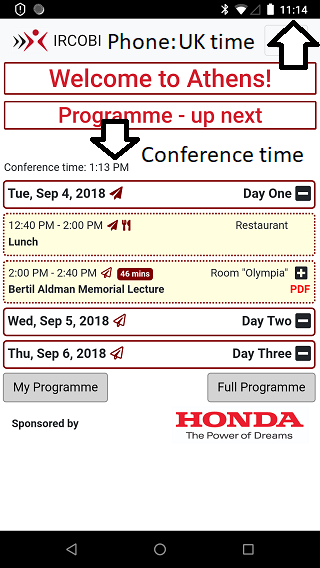 The app gets the conference time right even if your phone thinks you are back home